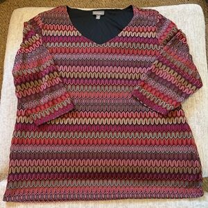 Roz & Ali Pink, Burgundy & Olive Wave-Print V-Neck Top